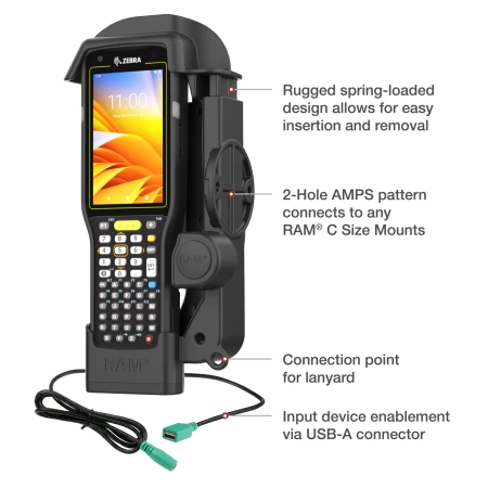 Stacja dokująca z zasilaniem RAM® i pojedynczym portem USB-A do urządzeń Zebra MC3300 i MC3400