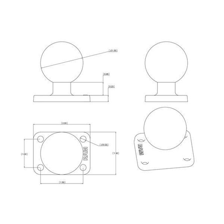 RAM® Ball Base with 1" x 1.5" 4-Hole Pattern - C Size